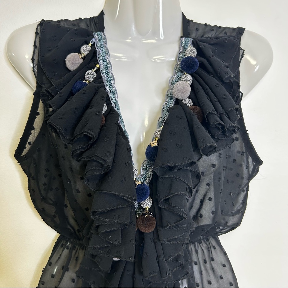 ◾️My Story Paris Polka Dot Sheer Ruffle Blouse With Neckline Puff Ball Tassles